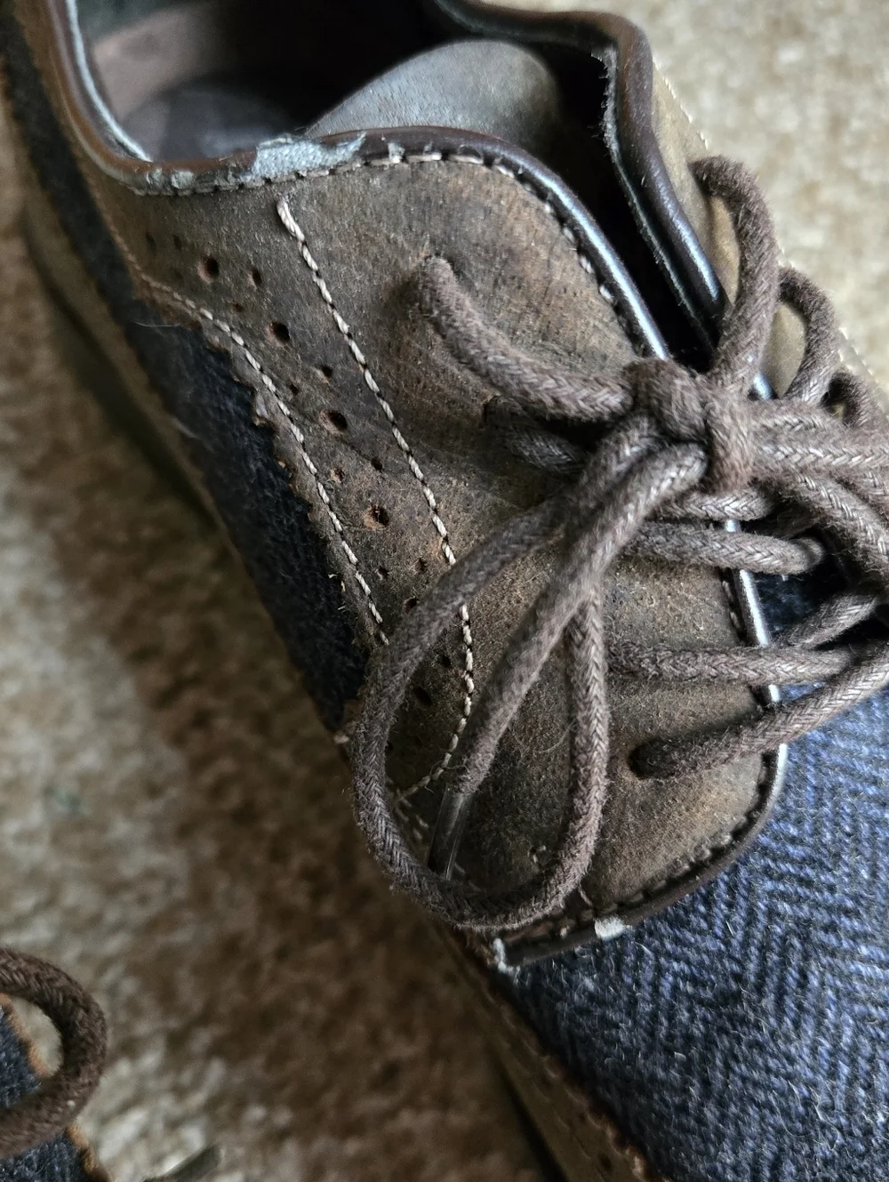 G.H. Bass & Co. Brown Suede and Blue Herringbone Wingtip Oxfords
